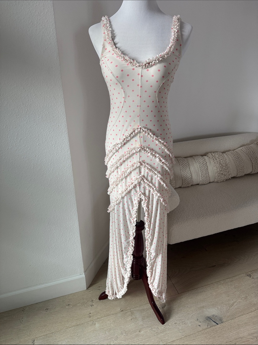 AFRM Landa Polka Dot Mesh Ruffle-Trim Maxi Dress S/P - Picture 2 of 10